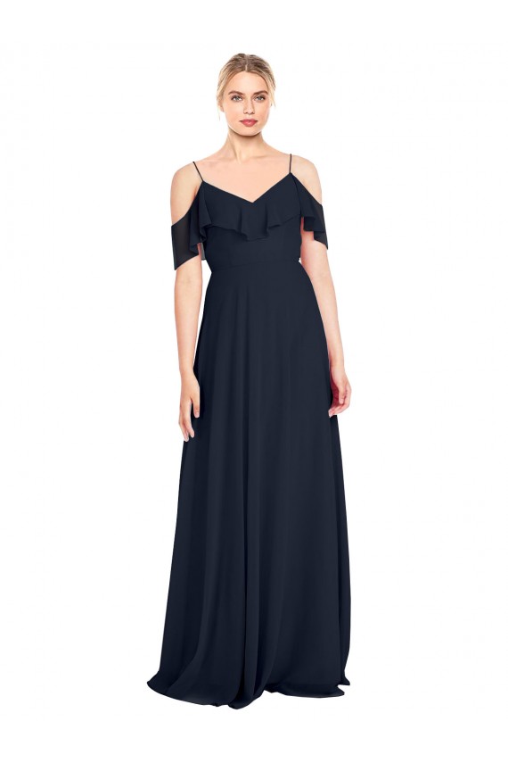 Dunkelmarine A-Linien Off-Schulter Spaghetti-Träger Chiffon Lange Brautjungfernkleider Ausverkauf