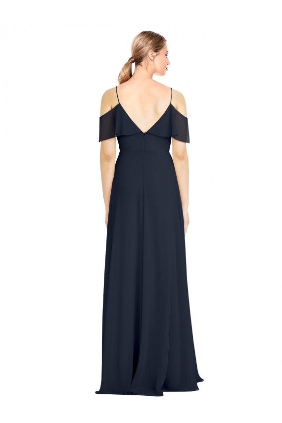 Dunkelmarine A-Linien Off-Schulter Spaghetti-Träger Chiffon Lange Brautjungfernkleider Ausverkauf