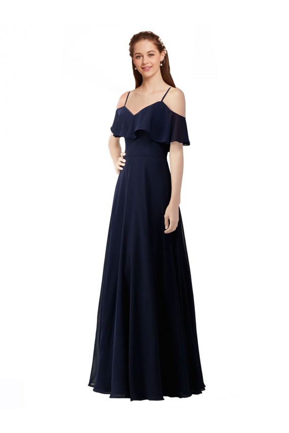Dunkelmarine A-Linien Off-Schulter V-Ausschnitt Chiffon Lange Brautjungfernkleider Ausverkauf