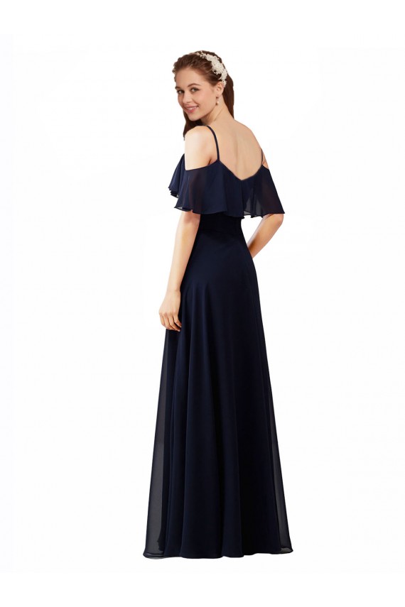Dunkelmarine A-Linien Off-Schulter V-Ausschnitt Chiffon Lange Brautjungfernkleider Ausverkauf