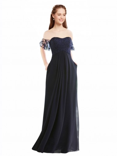 Dunkelmarine A-Linien Off-Schulter V-Ausschnitt Chiffon Spitze Lange Brautjungfernkleider Ausverkauf