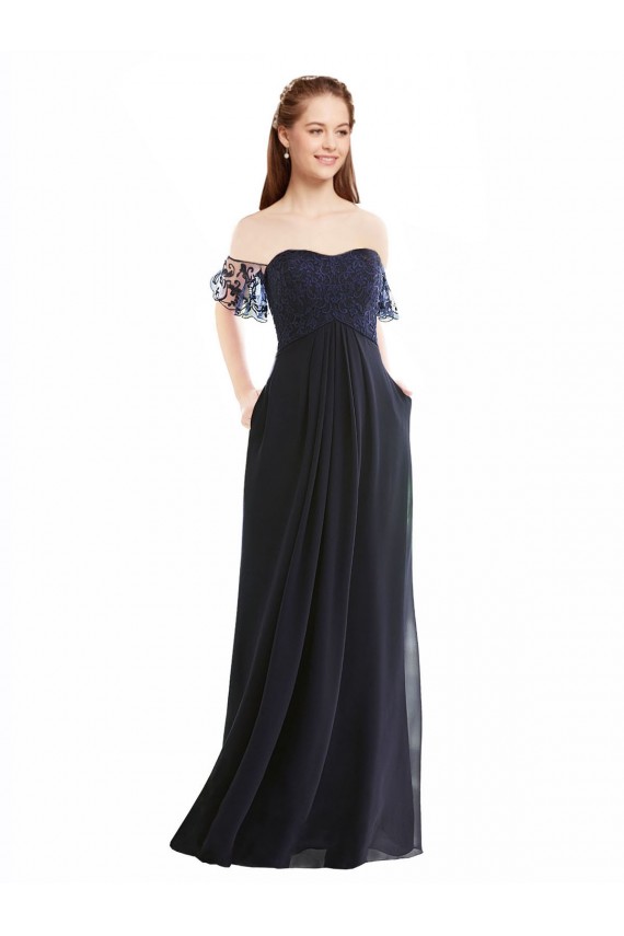 Dunkelmarine A-Linien Off-Schulter V-Ausschnitt Chiffon Spitze Lange Brautjungfernkleider Ausverkauf