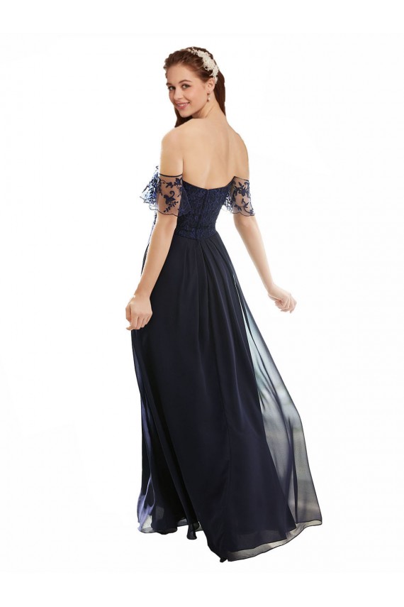 Dunkelmarine A-Linien Off-Schulter V-Ausschnitt Chiffon Spitze Lange Brautjungfernkleider Ausverkauf