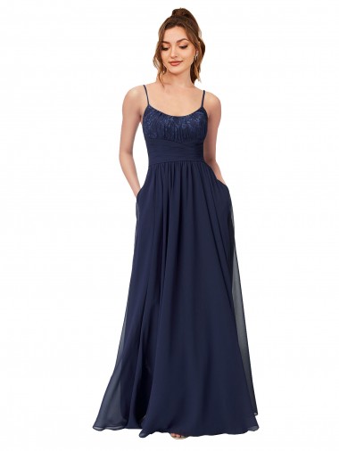 Dunkelmarine A-Linien Scoop Chiffon Spitze Lange Brautjungfernkleider Ausverkauf