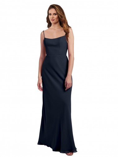 Dunkelmarine A-Linien Spaghetti-Träger Scoop Chiffon Lange Brautjungfernkleider Ausverkauf