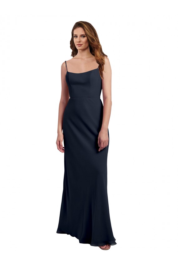 Dunkelmarine A-Linien Spaghetti-Träger Scoop Chiffon Lange Brautjungfernkleider Ausverkauf