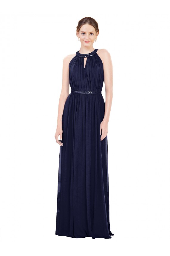 Dunkelmarine A-Linien Stehkragen Ausschnitt Chiffon Lange Brautjungfernkleider Ausverkauf