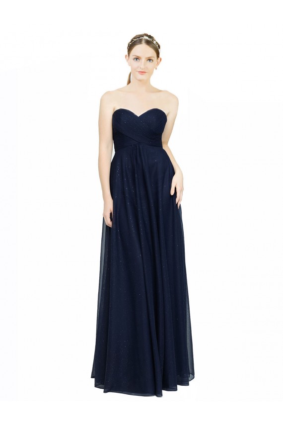 Dunkelmarine A-Linien Trägerlos Chiffon Lange Brautjungfernkleider Ausverkauf