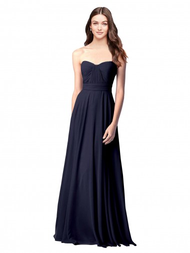 Dunkelmarine A-Linien Trägerlos Chiffon Lange Brautjungfernkleider Ausverkauf
