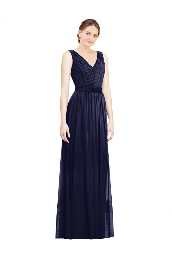 Dunkelmarine A-Linien V-Ausschnitt Chiffon Lange Brautjungfernkleider Ausverkauf