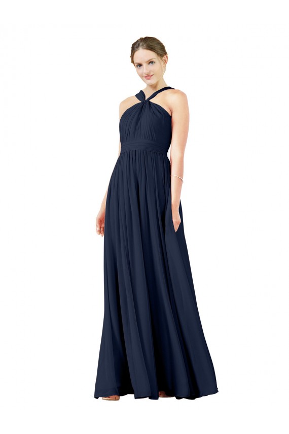 Dunkelmarine A-Linien V-Ausschnitt Chiffon Lange Brautjungfernkleider Ausverkauf