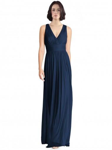Dunkelmarine A-Linien V-Ausschnitt Chiffon Lange Brautjungfernkleider Ausverkauf