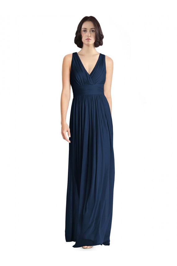 Dunkelmarine A-Linien V-Ausschnitt Chiffon Lange Brautjungfernkleider Ausverkauf