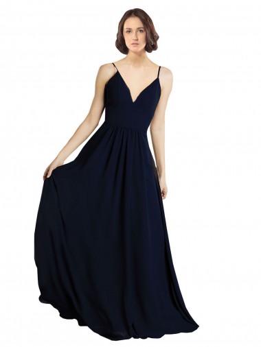 Dunkelmarine A-Linien V-Ausschnitt Chiffon Lange Brautjungfernkleider Ausverkauf