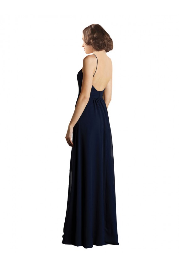 Dunkelmarine A-Linien V-Ausschnitt Chiffon Lange Brautjungfernkleider Ausverkauf