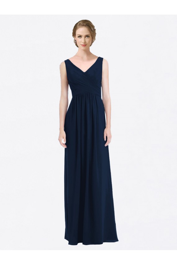 Dunkelmarine A-Linien V-Ausschnitt Chiffon Lange Brautjungfernkleider Ausverkauf