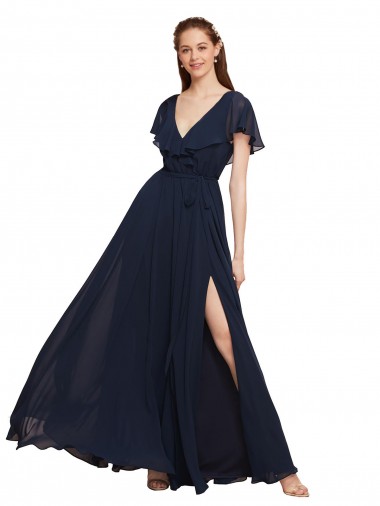 Dunkelmarine A-Linien V-Ausschnitt Chiffon Lange Brautjungfernkleider Ausverkauf