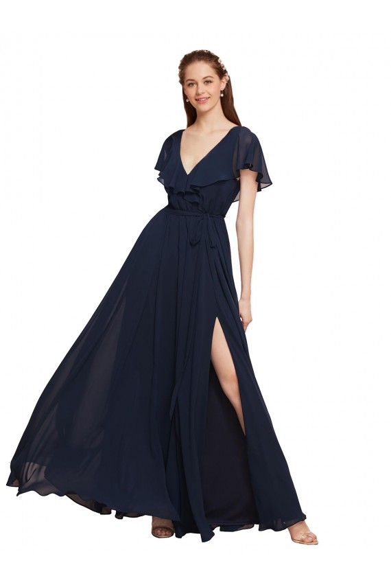 Dunkelmarine A-Linien V-Ausschnitt Chiffon Lange Brautjungfernkleider Ausverkauf