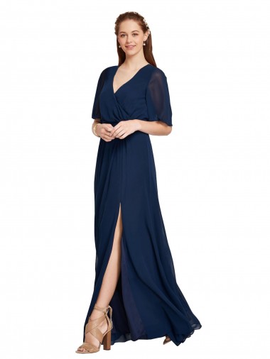 Dunkelmarine A-Linien V-Ausschnitt Chiffon Lange Brautjungfernkleider Ausverkauf