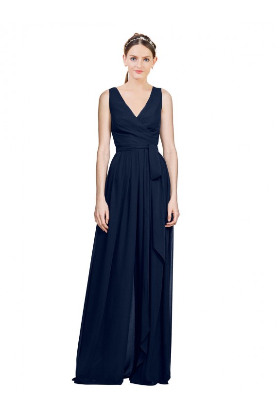 Dunkelmarine A-Linien V-Ausschnitt Chiffon Lange Brautjungfernkleider Ausverkauf