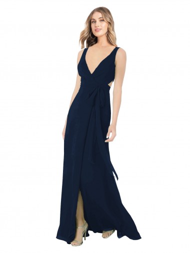 Dunkelmarine A-Linien V-Ausschnitt Chiffon Lange Brautjungfernkleider Ausverkauf