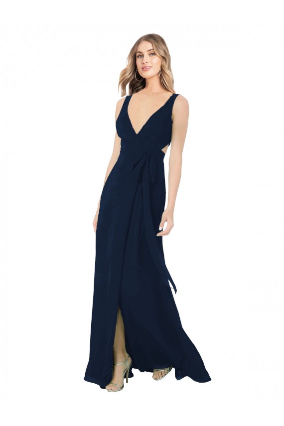 Dunkelmarine A-Linien V-Ausschnitt Chiffon Lange Brautjungfernkleider Ausverkauf