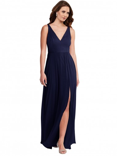 Dunkelmarine A-Linien V-Ausschnitt Chiffon Lange Brautjungfernkleider Ausverkauf