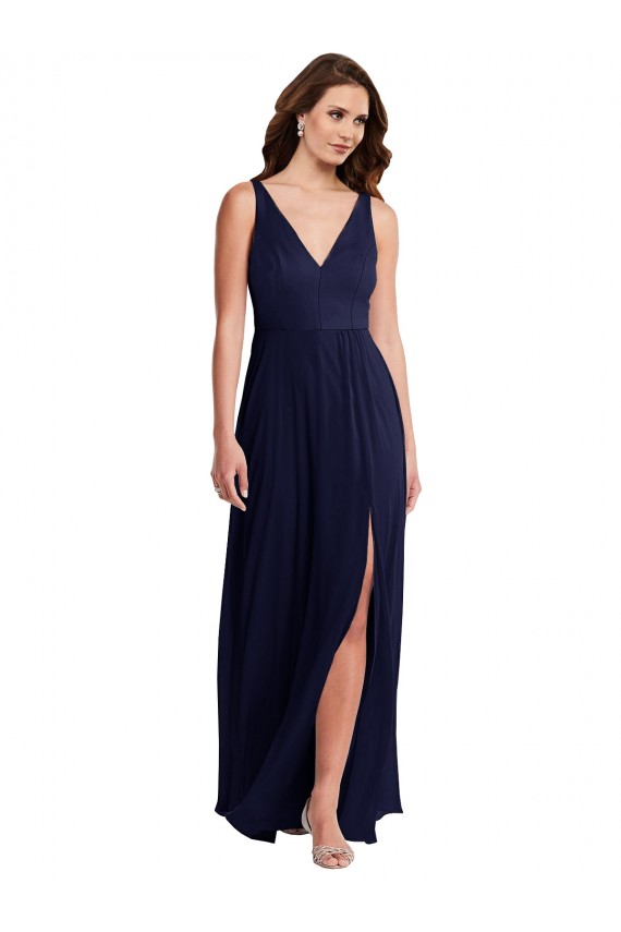 Dunkelmarine A-Linien V-Ausschnitt Chiffon Lange Brautjungfernkleider Ausverkauf