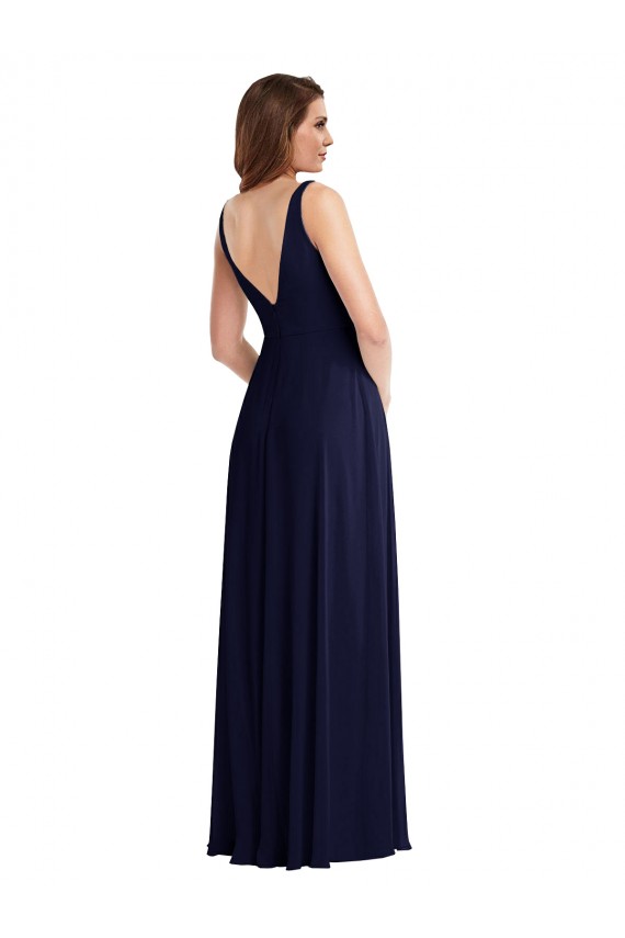 Dunkelmarine A-Linien V-Ausschnitt Chiffon Lange Brautjungfernkleider Ausverkauf