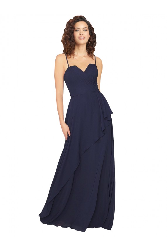 Dunkelmarine A-Linien V-Ausschnitt Chiffon Lange Brautjungfernkleider Ausverkauf