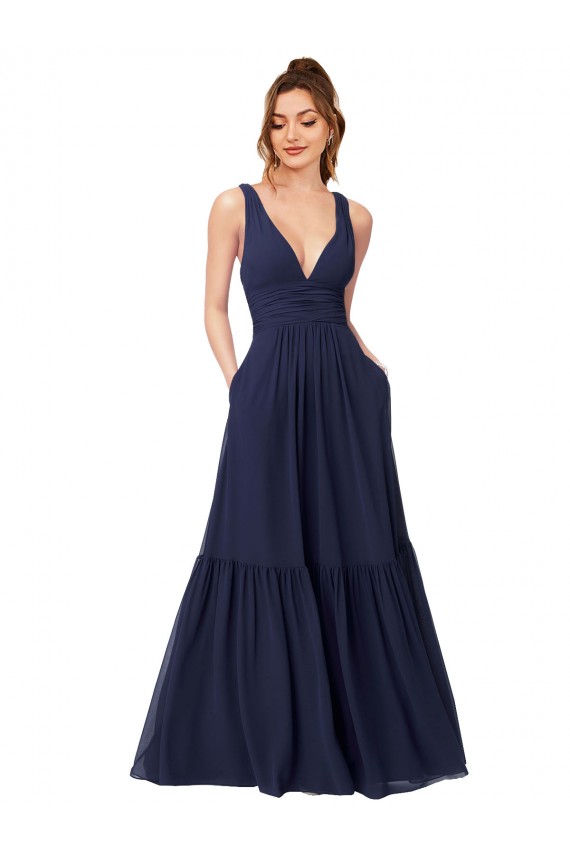 Dunkelmarine A-Linien V-Ausschnitt Chiffon Lange Brautjungfernkleider Ausverkauf