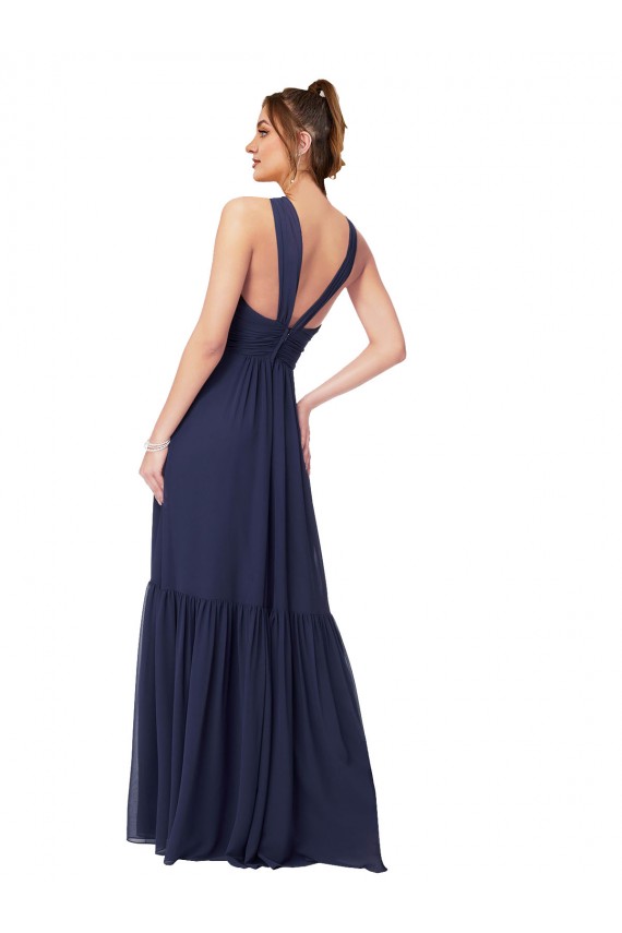 Dunkelmarine A-Linien V-Ausschnitt Chiffon Lange Brautjungfernkleider Ausverkauf