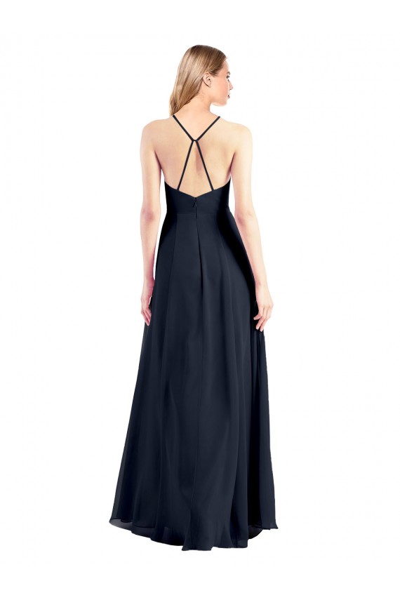 Dunkelmarine A-Linien V-Ausschnitt Chiffon Lange Brautjungfernkleider / Abiballkleider Ausverkauf