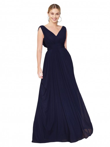Dunkelmarine A-Linien V-Ausschnitt Chiffon Lange Formale Brautjungfernkleider / Abendkleider / Abiballkleider Ausverkauf