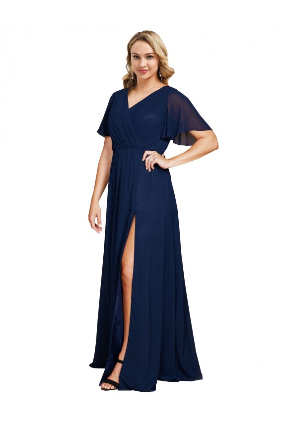 Dunkelmarine A-Linien V-Ausschnitt Chiffon Lange Formale Brautjungfernkleider / Abendkleider / Abiballkleider Ausverkauf