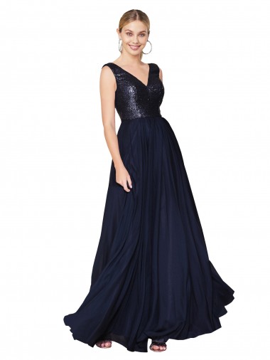 Dunkelmarine A-Linien V-Ausschnitt Chiffon Paillette Lange Brautjungfernkleider / Abiballkleider Ausverkauf