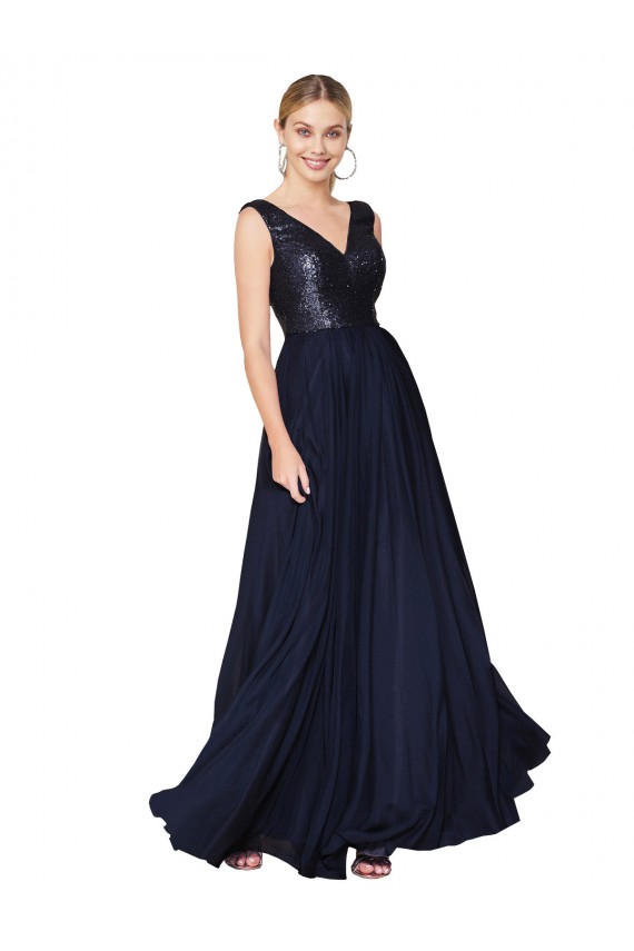 Dunkelmarine A-Linien V-Ausschnitt Chiffon Paillette Lange Brautjungfernkleider / Abiballkleider Ausverkauf