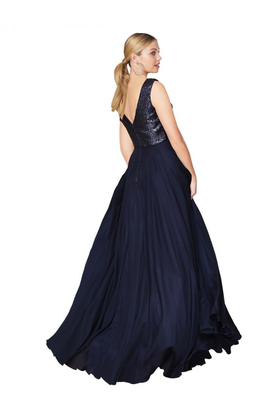 Dunkelmarine A-Linien V-Ausschnitt Chiffon Paillette Lange Brautjungfernkleider / Abiballkleider Ausverkauf