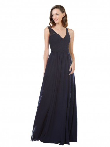 Dunkelmarine A-Linien V-Ausschnitt Chiffon Spitze Lange Brautjungfernkleider Ausverkauf