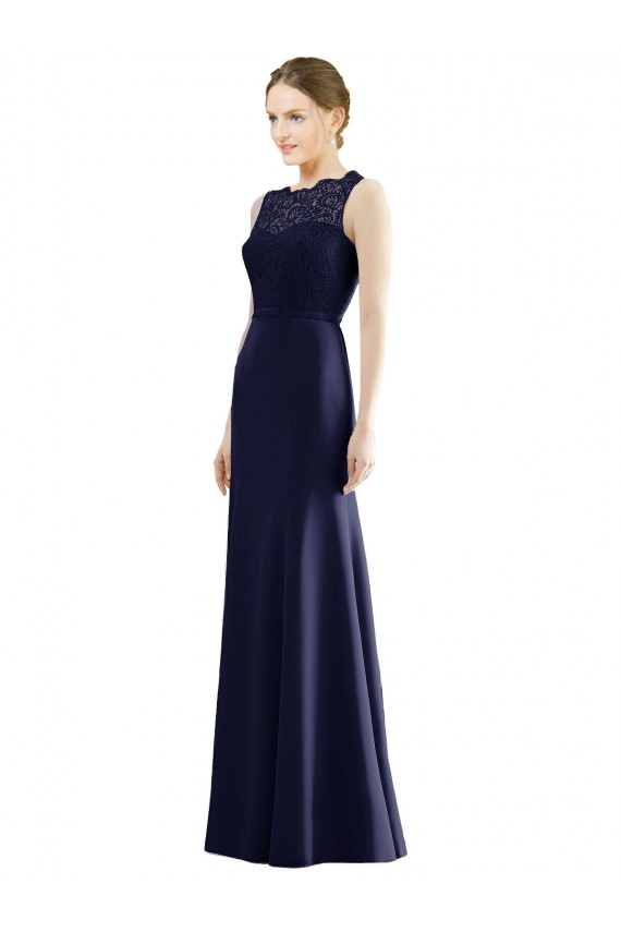 Dunkelmarine Meerjungfrau Illusion Ausschnitt Chiffon Spitze Lange Brautjungfernkleider Ausverkauf