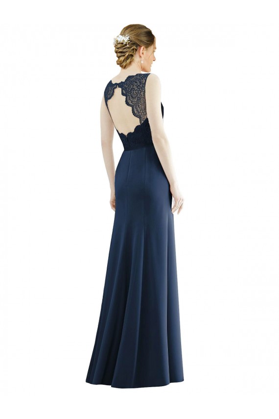 Dunkelmarine Meerjungfrau Illusion Ausschnitt Chiffon Spitze Lange Brautjungfernkleider Ausverkauf