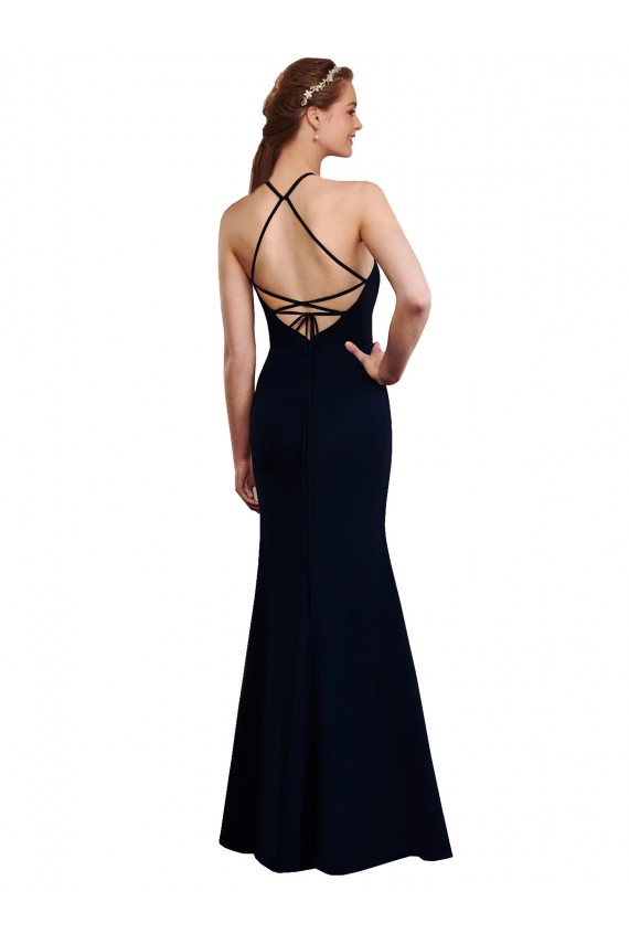 Dunkelmarine Meerjungfrau Neckholder Chiffon Lange Brautjungfernkleider Ausverkauf