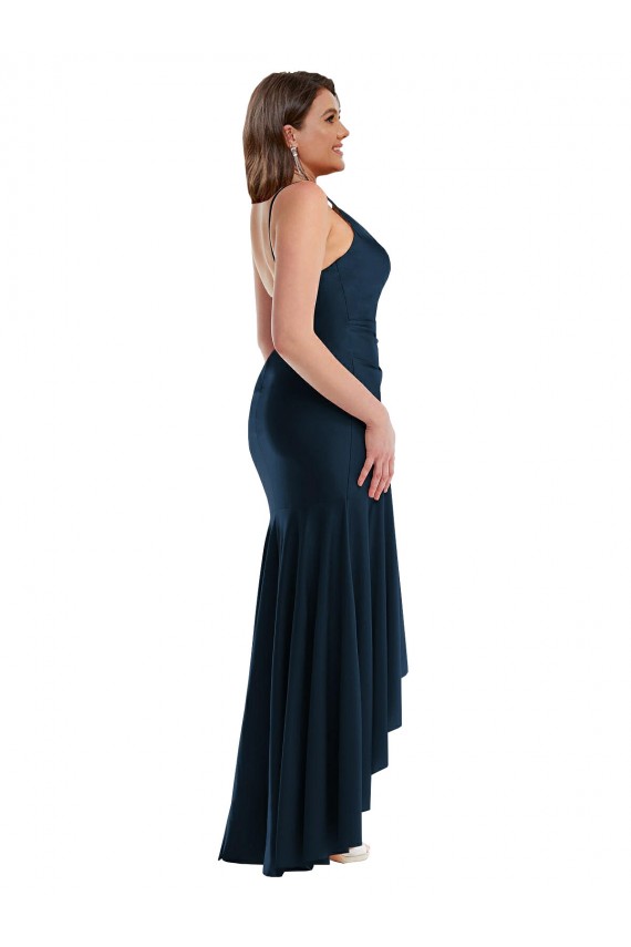 Dunkelmarine Meerjungfrau Spaghetti-Träger Seidiger Satin Lange Formale Brautjungfernkleider / Abendkleider / Abiballkleider Ausverkauf