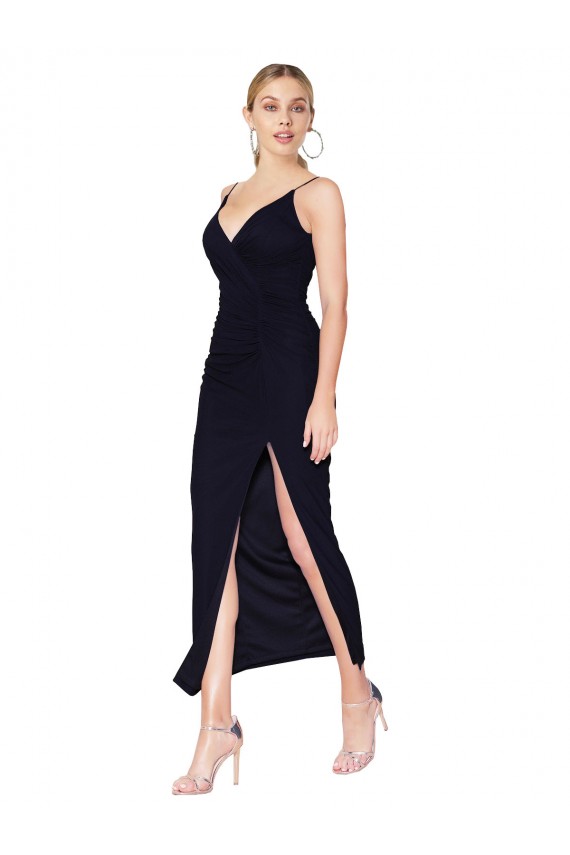 Dunkelmarine Meerjungfrau V-Ausschnitt Knielang Chiffon Kurze Formale Brautjungfernkleider / Abendkleider / Abiballkleider / Cocktailkleider / Heimkehr Kleider Ausverkauf