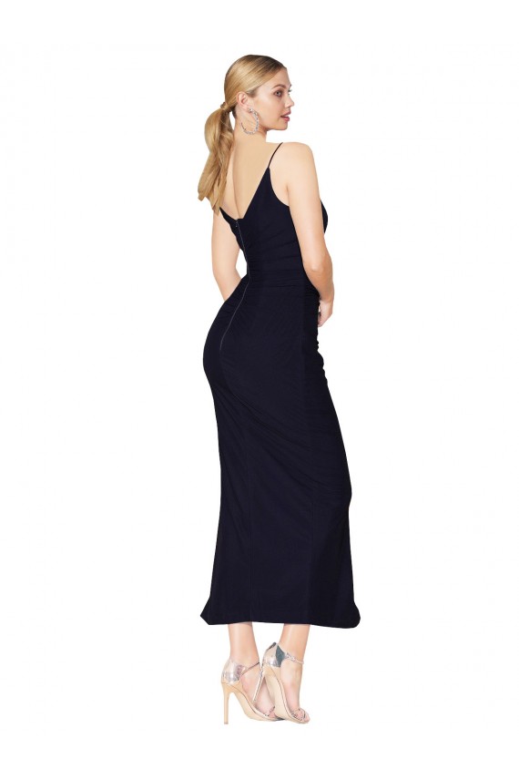 Dunkelmarine Meerjungfrau V-Ausschnitt Knielang Chiffon Kurze Formale Brautjungfernkleider / Abendkleider / Abiballkleider / Cocktailkleider / Heimkehr Kleider Ausverkauf