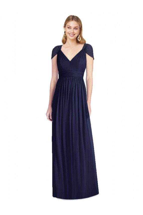 Dunkelmarine Trompete V-Ausschnitt Chiffon Lange Brautjungfernkleider Ausverkauf