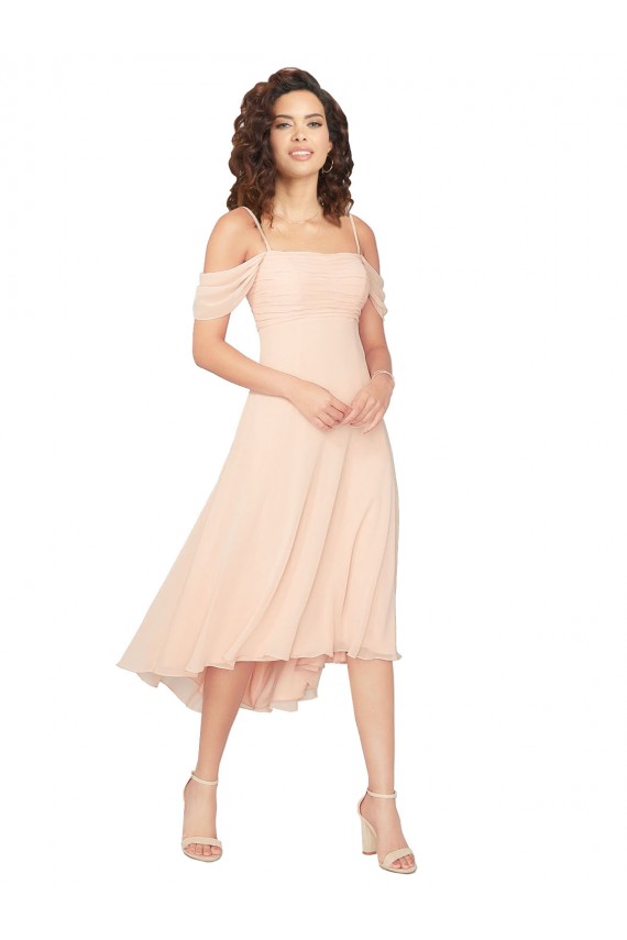 Eisrosa A-Linien Quadrat Ausschnitt Midi Chiffon Kurze Brautjungfernkleider Ausverkauf