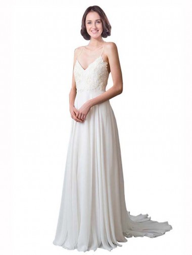 Elfenbein A-Linien Spaghetti-Träger V-Ausschnitt Kapelle-schleppe Chiffon Spitze Strand Brautkleider Ausverkauf