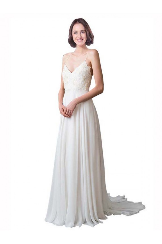 Elfenbein A-Linien Spaghetti-Träger V-Ausschnitt Kapelle-schleppe Chiffon Spitze Strand Brautkleider Ausverkauf