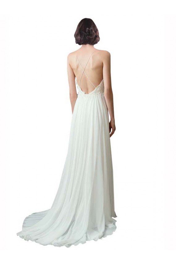 Elfenbein A-Linien Spaghetti-Träger V-Ausschnitt Kapelle-schleppe Chiffon Spitze Strand Brautkleider Ausverkauf